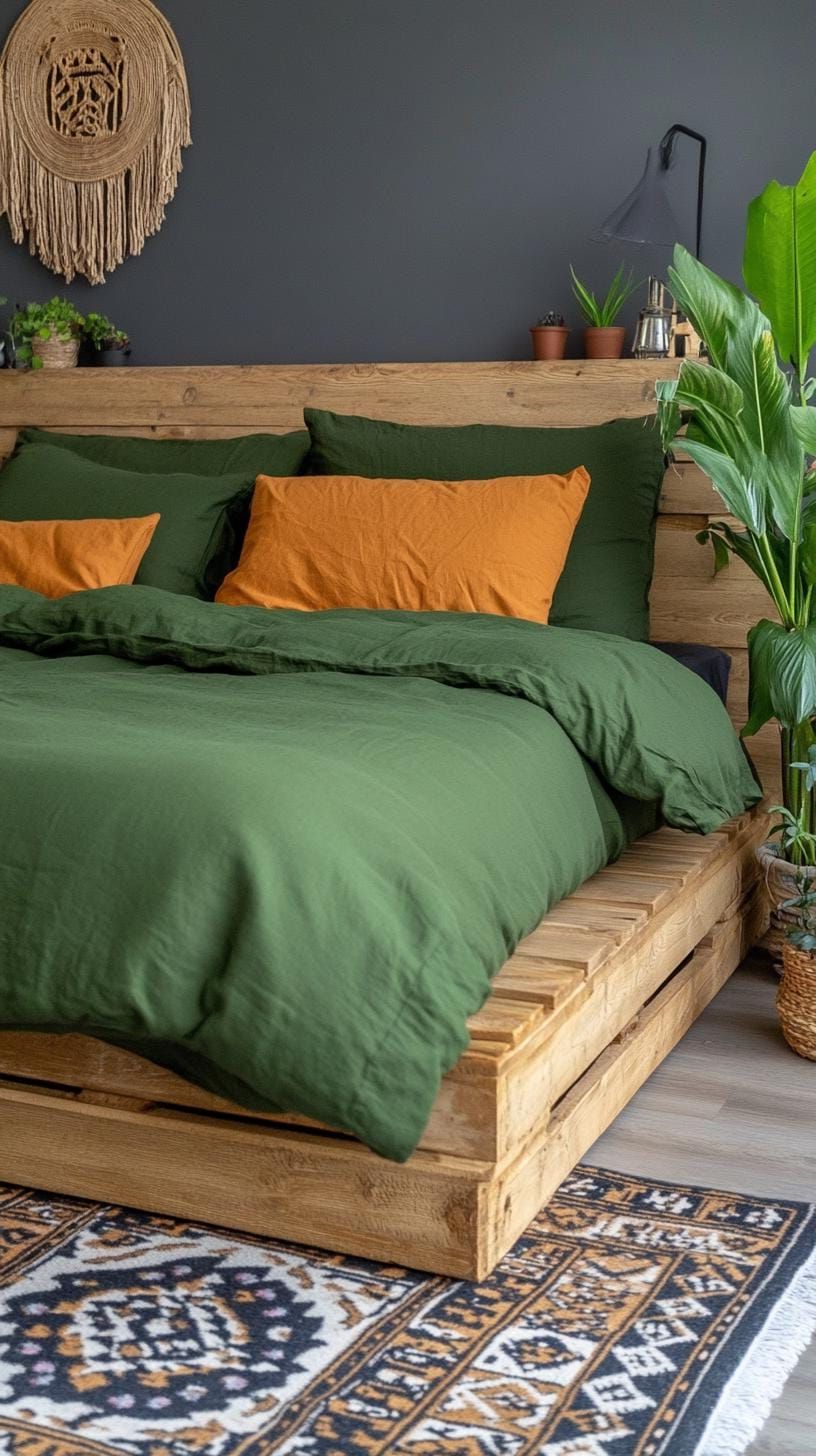 14. Low Wood Bed Frame With Patterned Rug And Green Bedding - photo 2