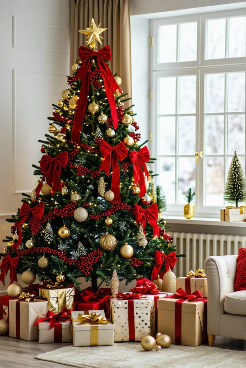 12. Classic Tree with Velvet Ribbon and Cranberry Garland