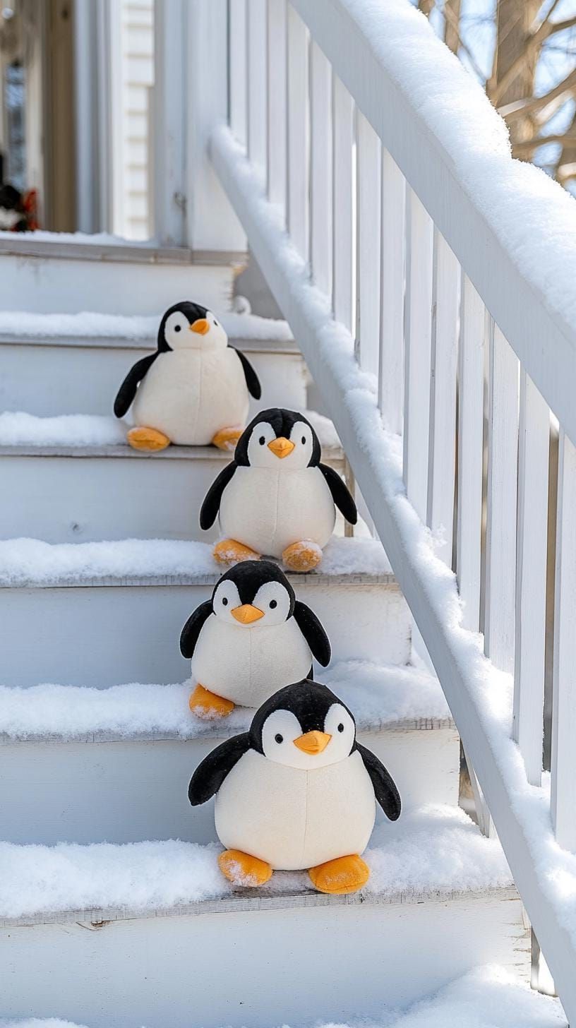 5. Penguin figures marching up a snow-dusted staircase