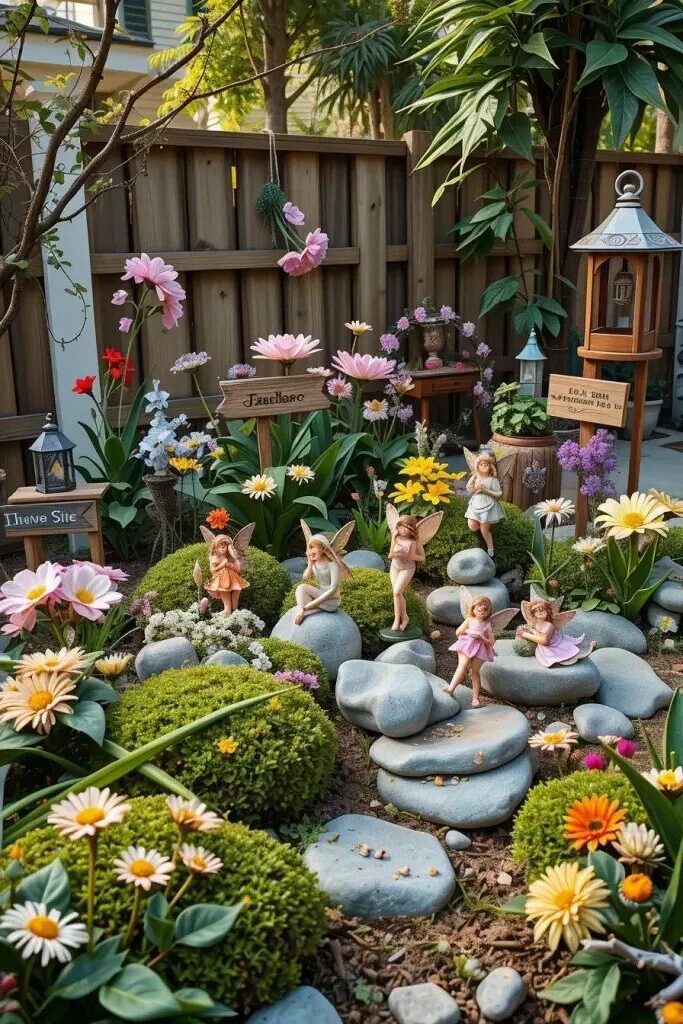 Colorful Flower Fairy Figurines Tucked Into the Blooms