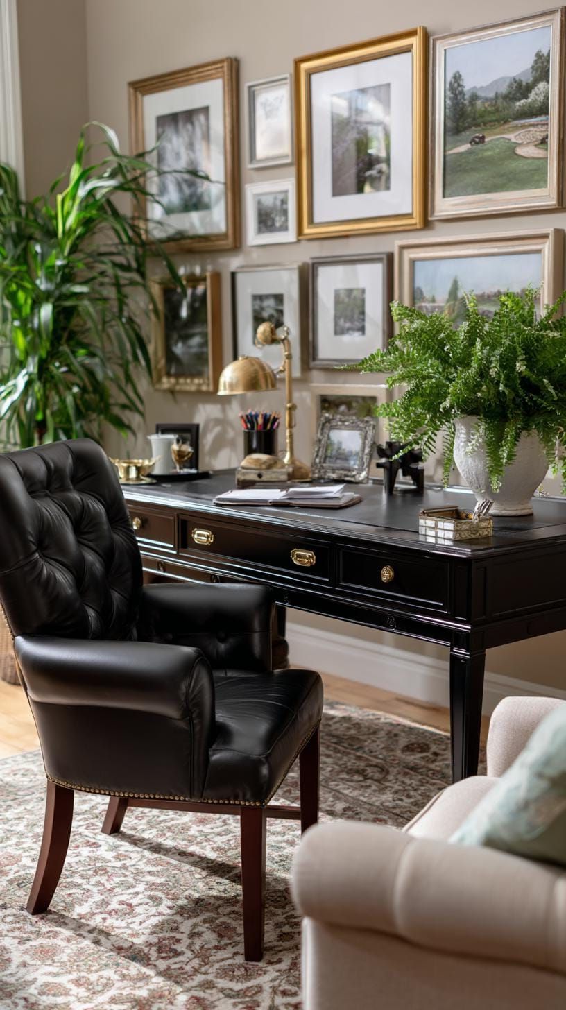 17. A cozy workspace with antique desk and art display