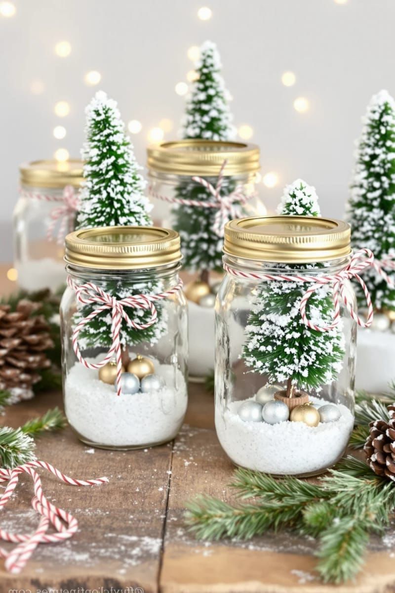 18. Mason Jar Snow Globes with Bottle Brush Trees