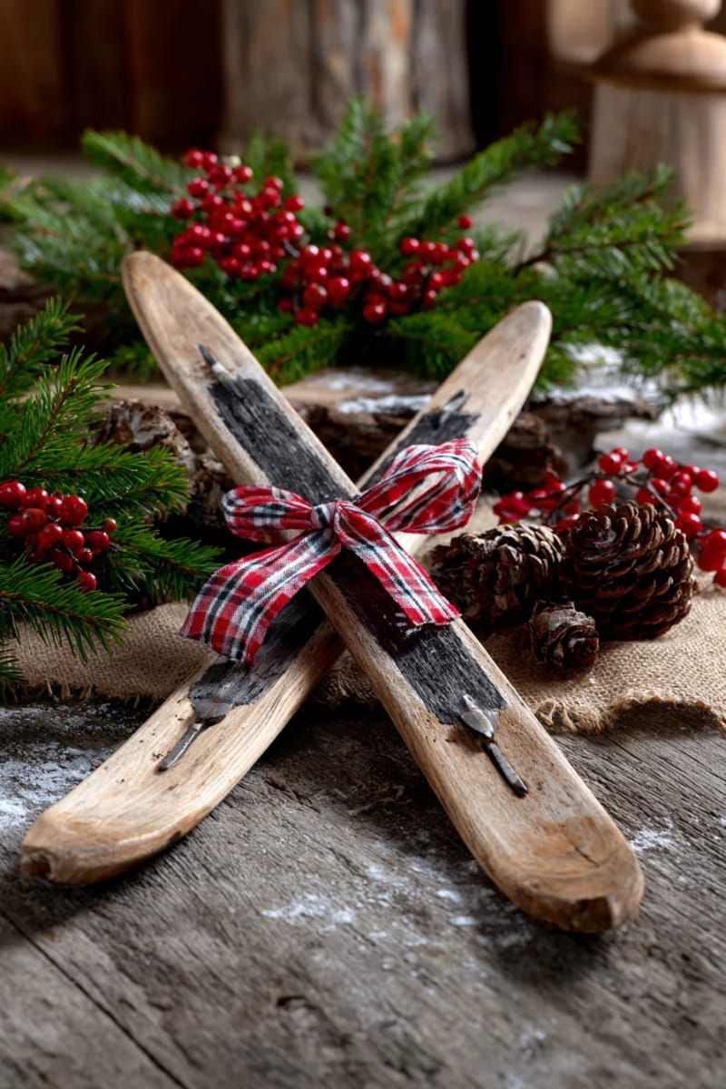 14. Crossed mini wooden skis tied with ribbon