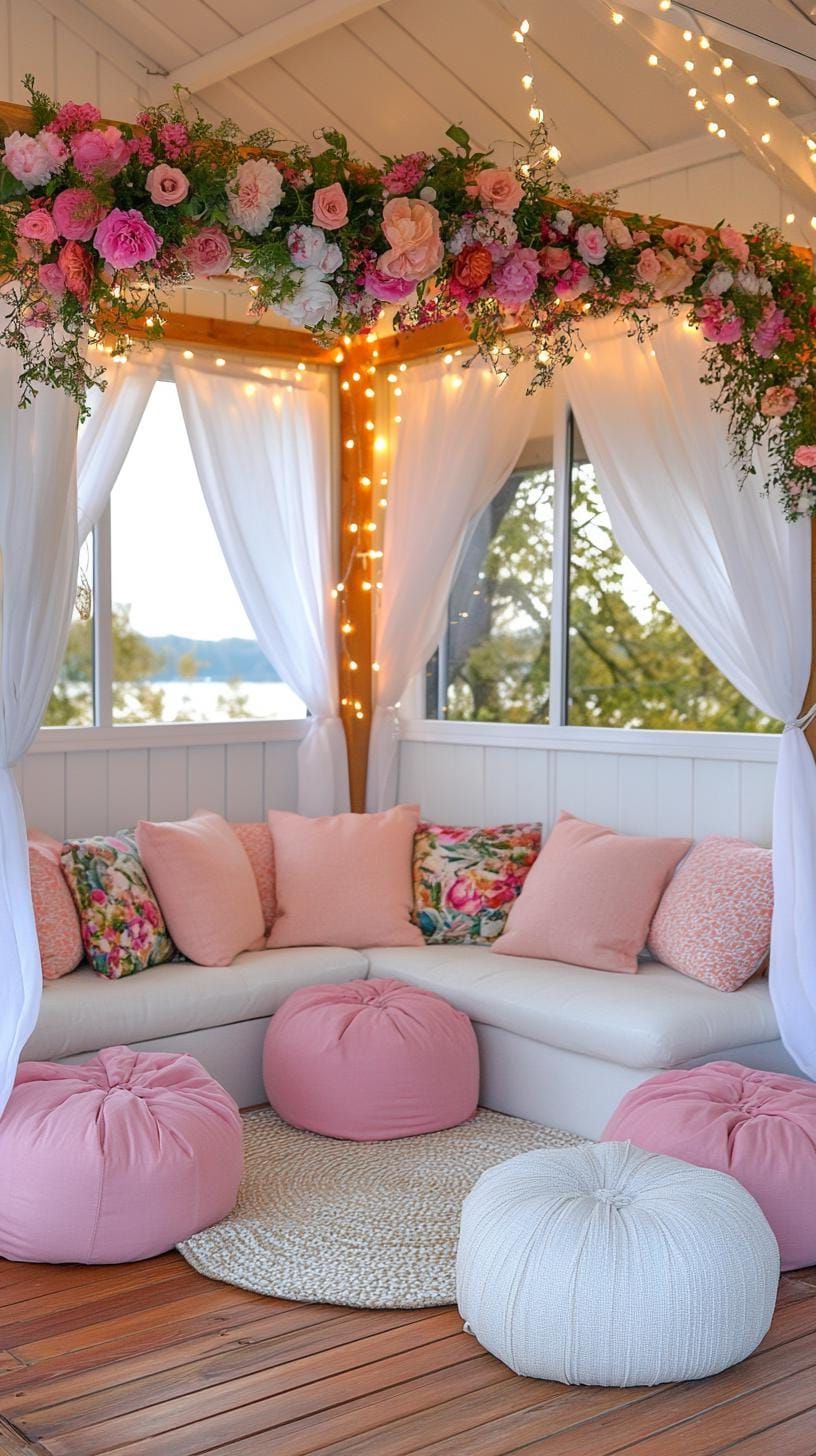 20. Floral Drapery She Shed Lit with Fairy Lights - photo 3