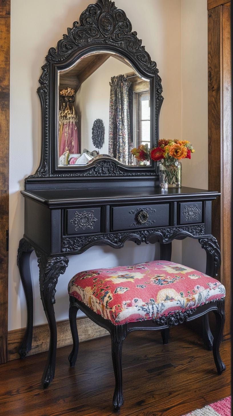 15. Black-Painted Baroque Vanity With Colorful Woven Cushions - photo 3