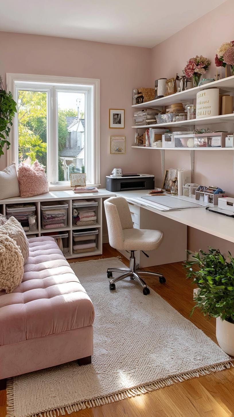 16. Soft Pink Craft Room With a Wrap Desk and Cricut Shelf