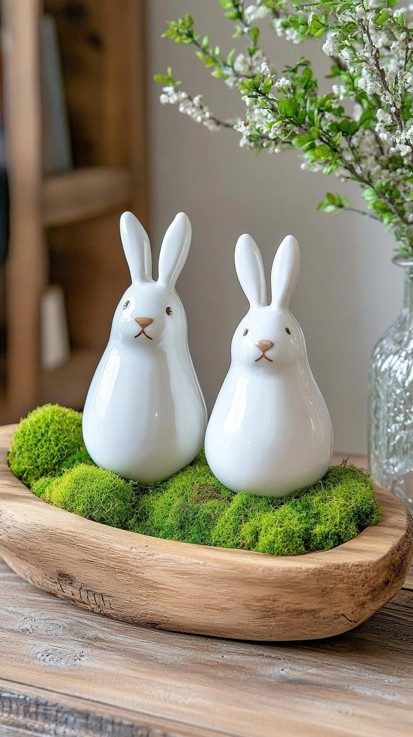 5. Wooden Tray With Bunnies And Moss