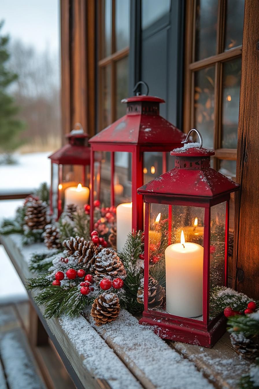 10. Porch Decor with Red Lanterns and White Candles