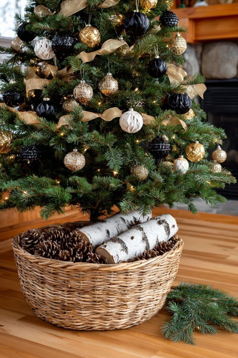 22. Wicker tree skirt with pinecones and birch logs