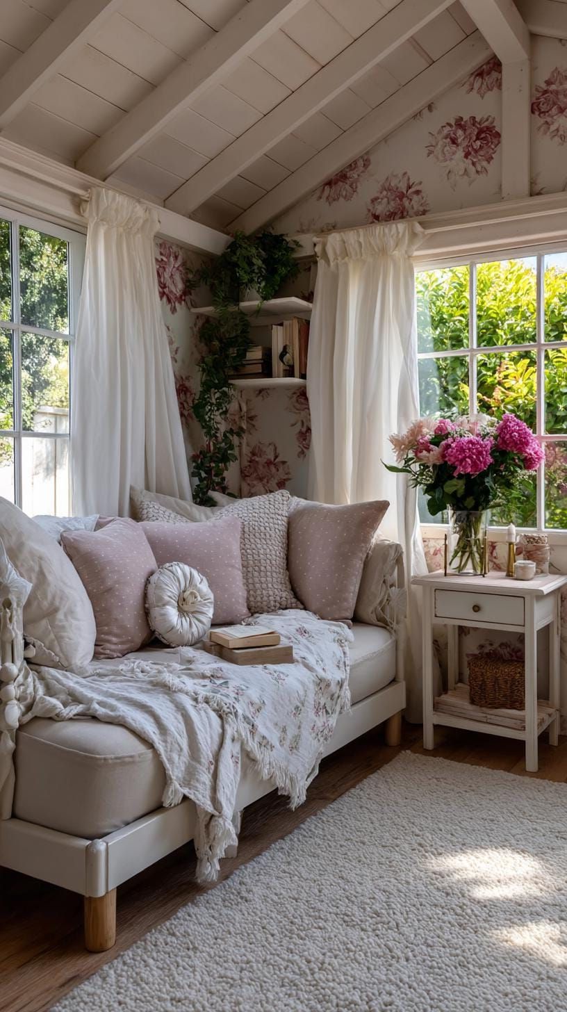 11. She Shed with Floral Wallpaper and Comfy Daybed