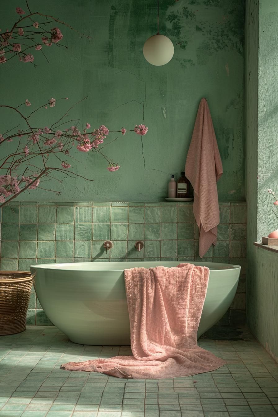 12. Calming Sage and Blush Bathroom
