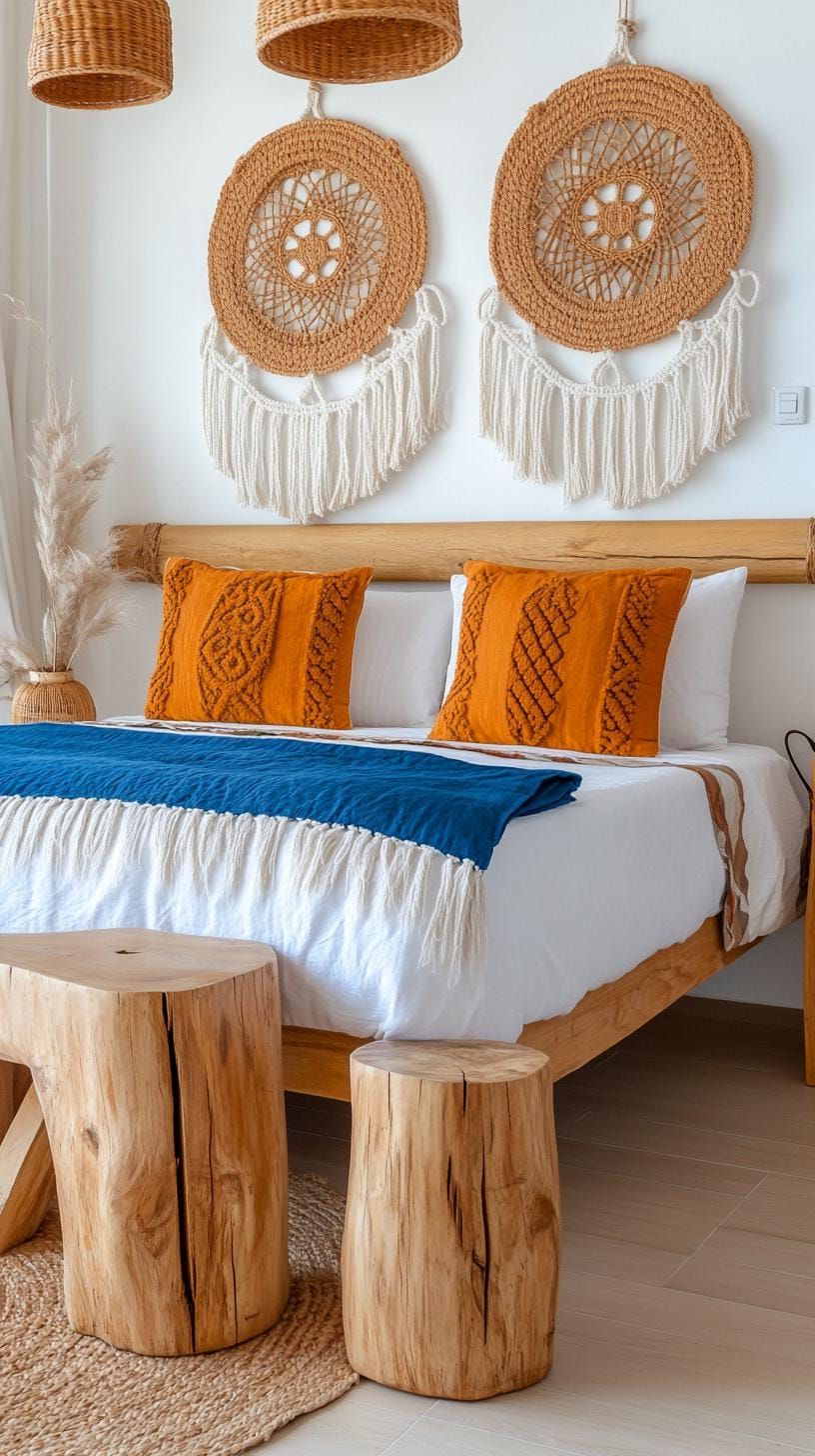 9. Macrame wall art with rustic wood decor