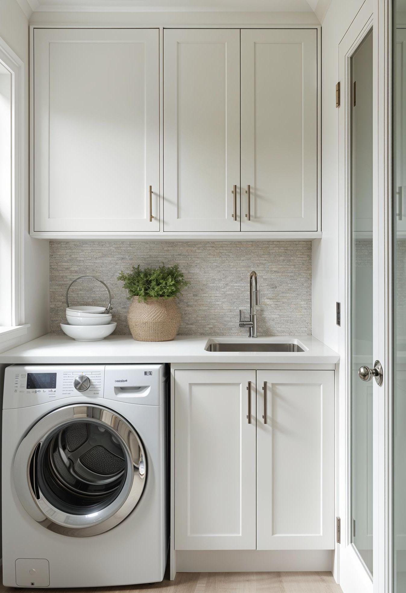 10. All-white minimalist laundry nook with textured tile backsplash