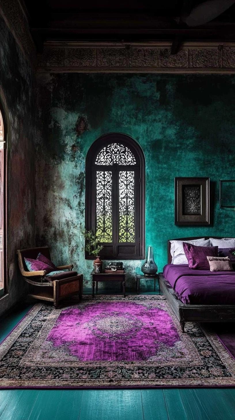 13. Purple And Black Boho Rug Over Deep Teal Flooring - photo 3