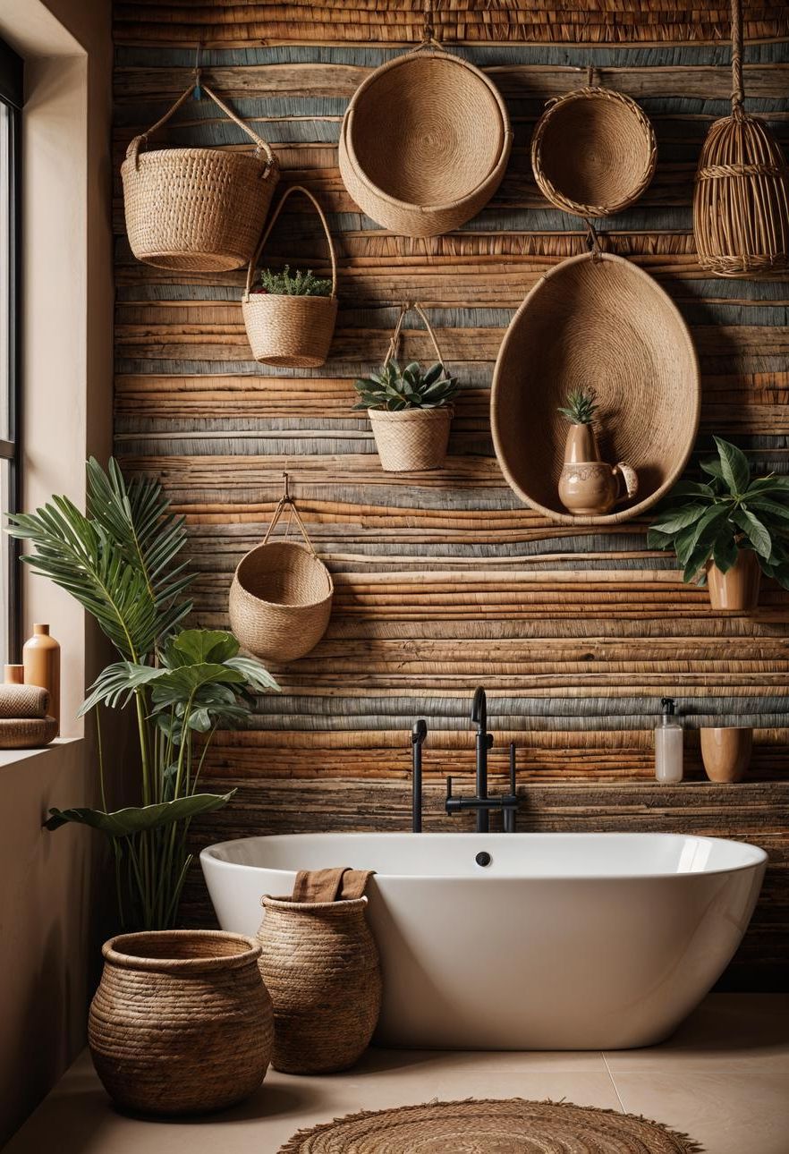 10. Basket Wall Art for Boho Bathrooms