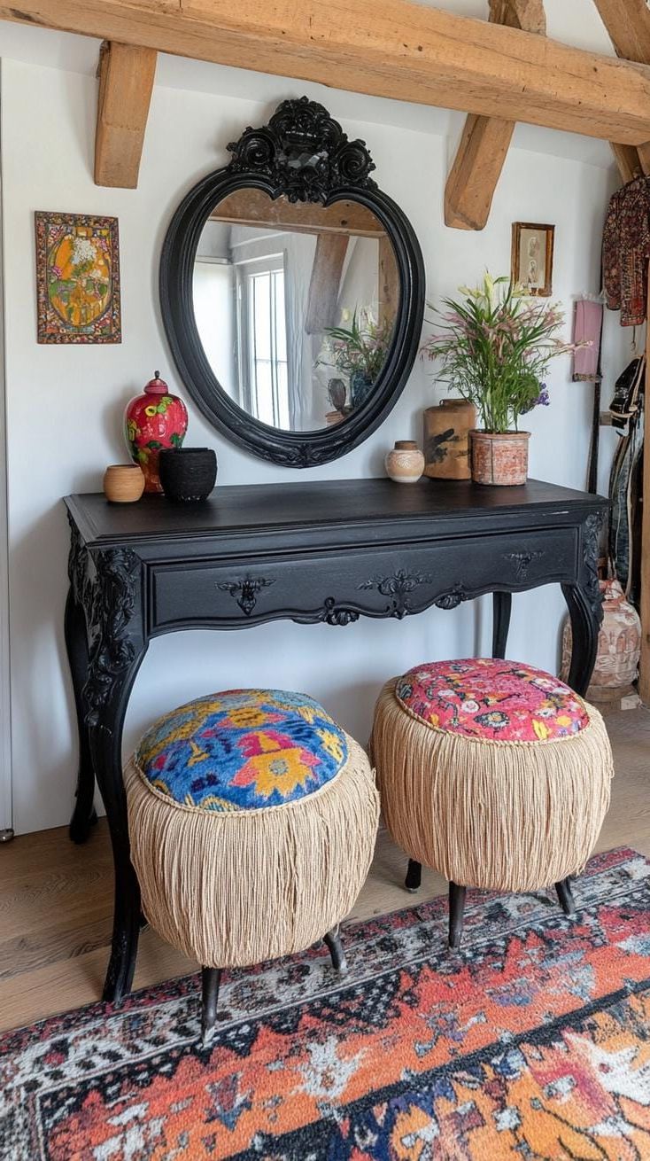 15. Black-Painted Baroque Vanity With Colorful Woven Cushions - photo 2