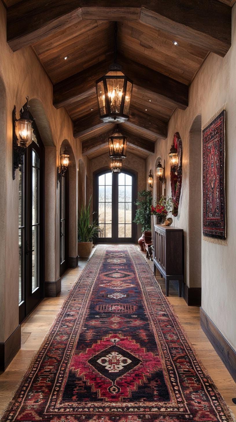 17. Hallway With Vintage Rugs and Exposed Beams