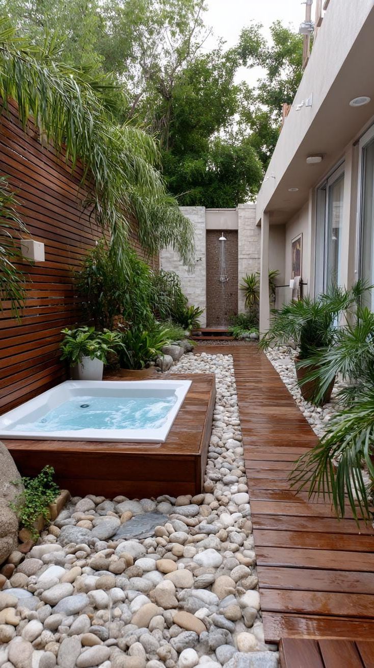 30. Outdoor shower and hot tub combo in a wet zone