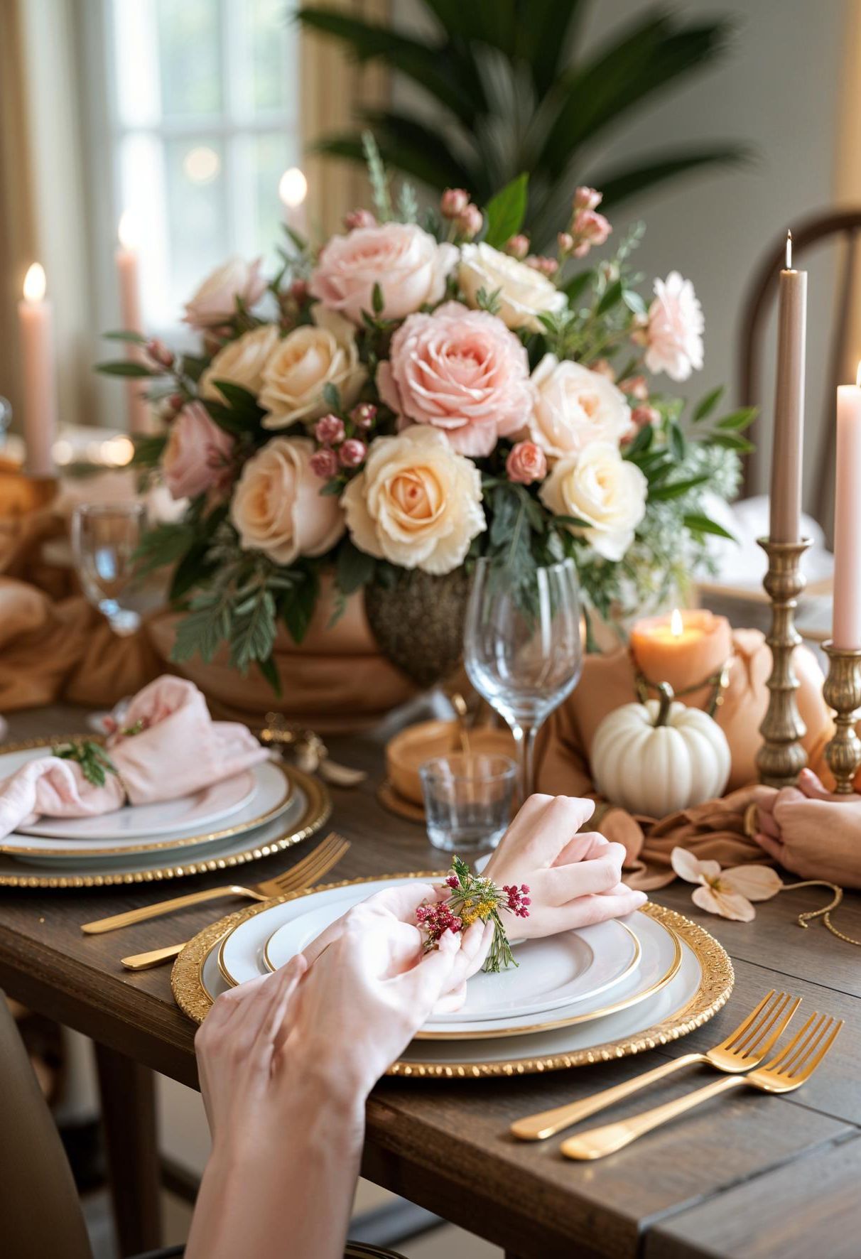 18. Romantic Table With Blush Florals and Golden Leaves