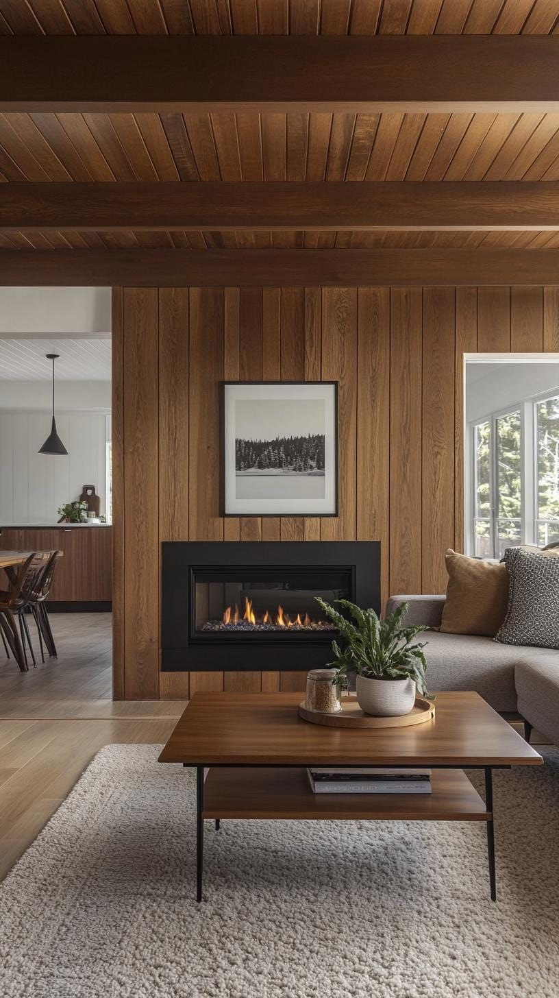12. Walnut accent wall around a linear modern fireplace
