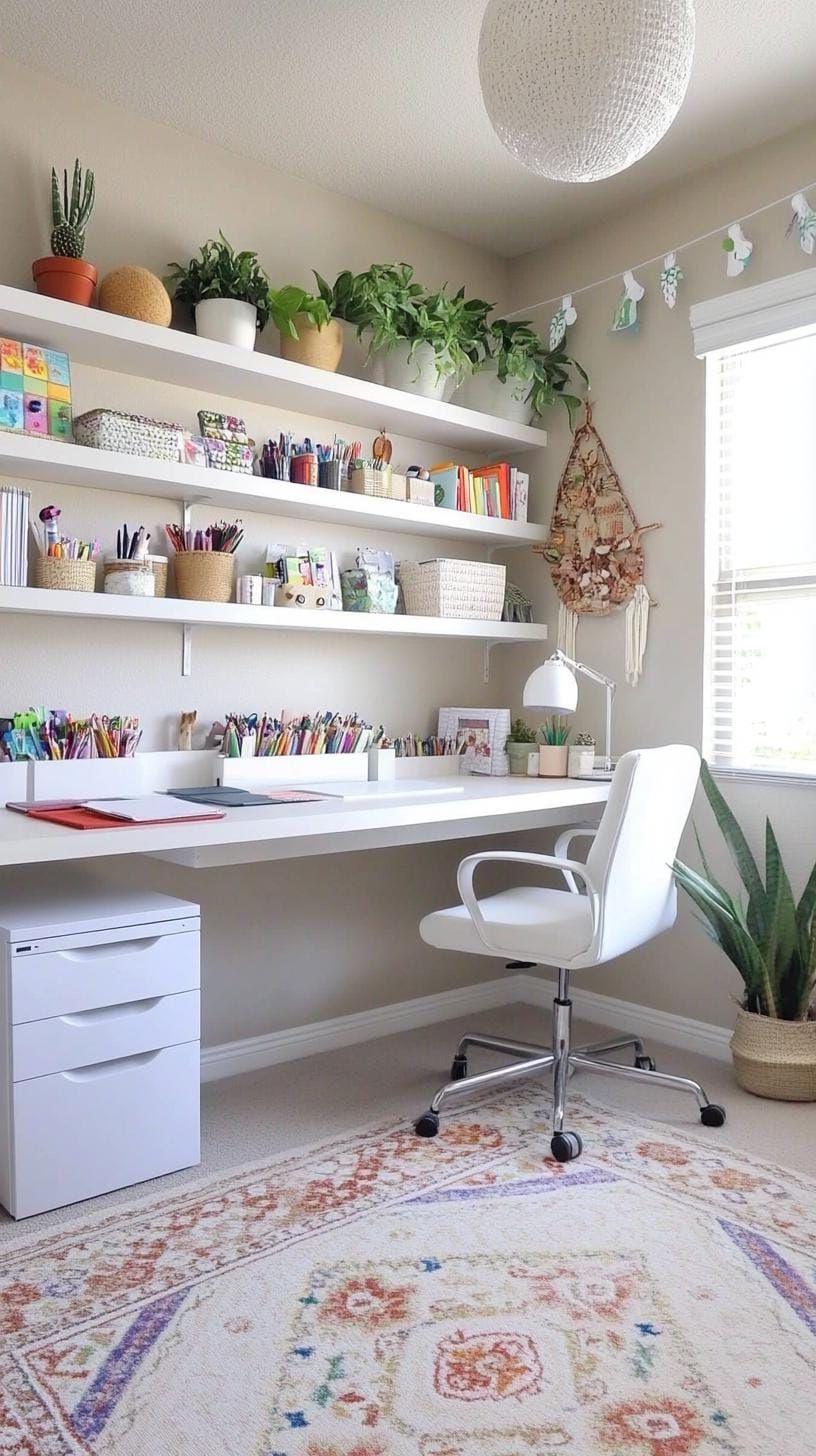 12. Office and Craft Combo With Floating White Shelves