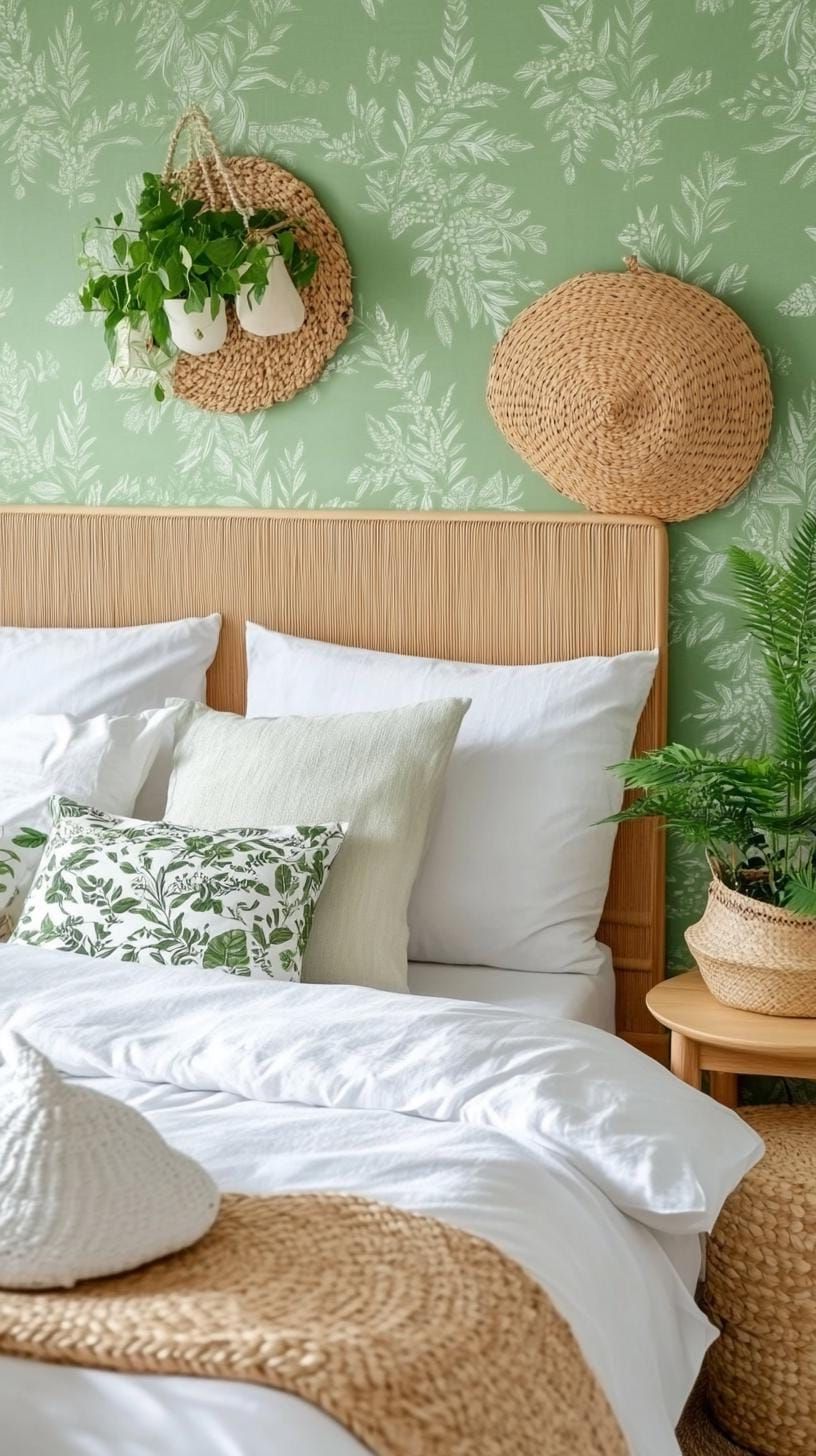 22. Botanical Bedroom Featuring Sage Green Wallpaper Prints - photo 4
