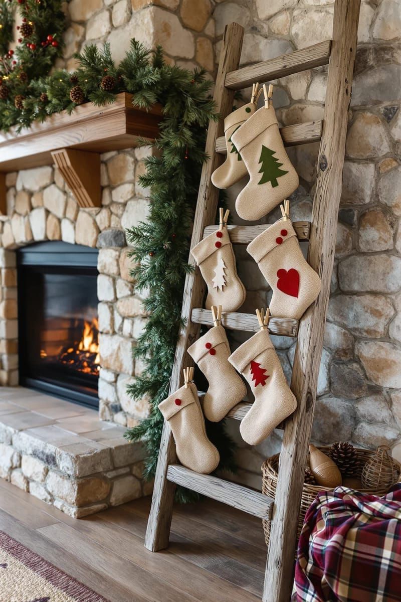 Burlap stockings on a wooden ladder by the fireplace