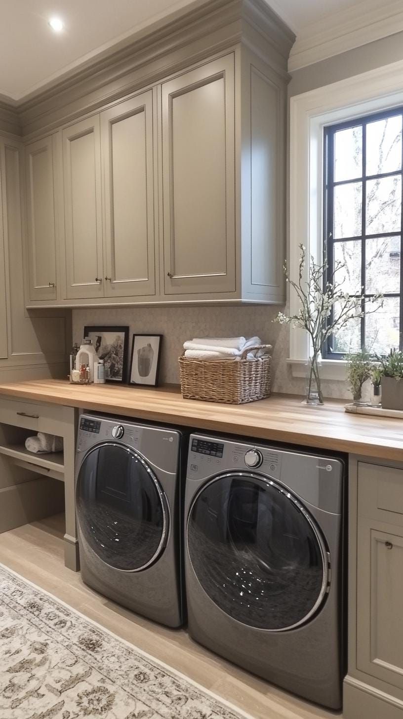 4. Butcher block countertop spanning front-loading machines in alcove