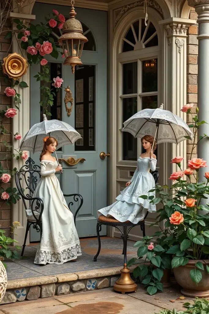 Victorian Dolls Carrying Porcelain Umbrellas
