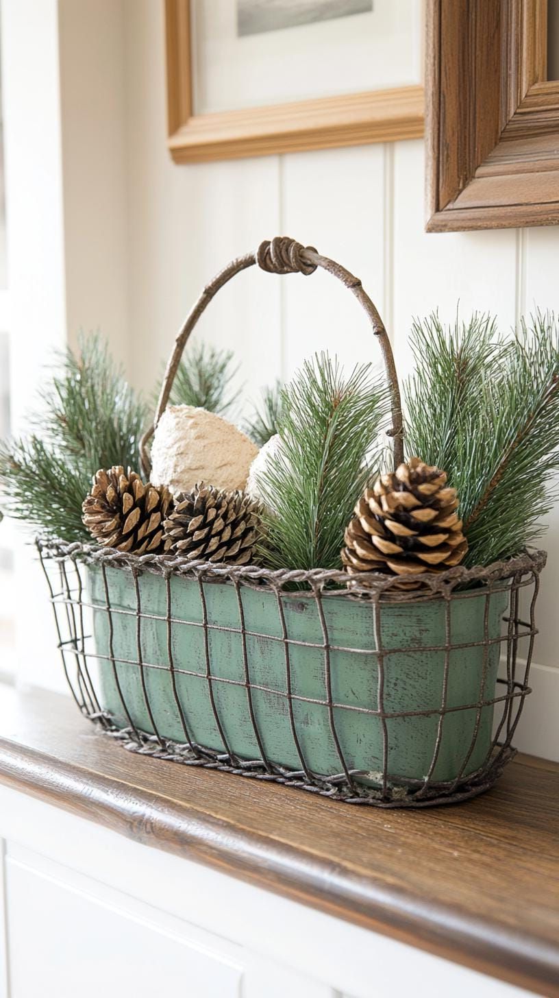 4. Pinecones in vintage wire baskets