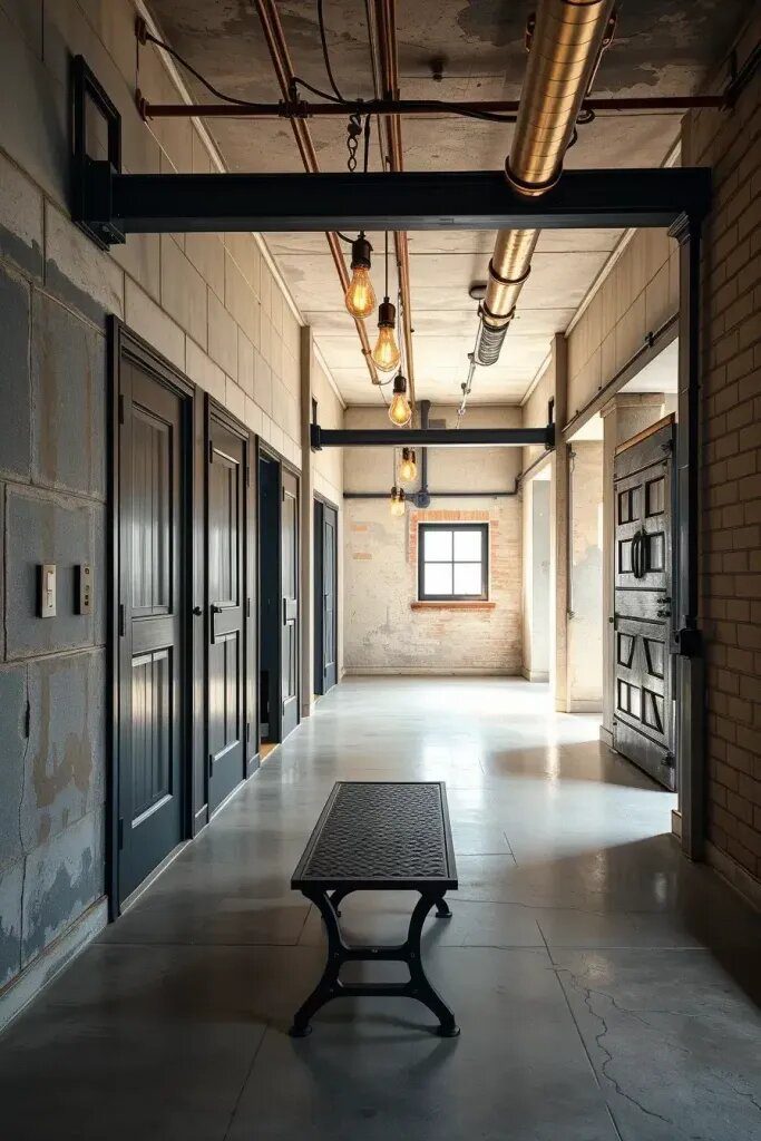 Industrial Metal and Concrete Hallway Accents
