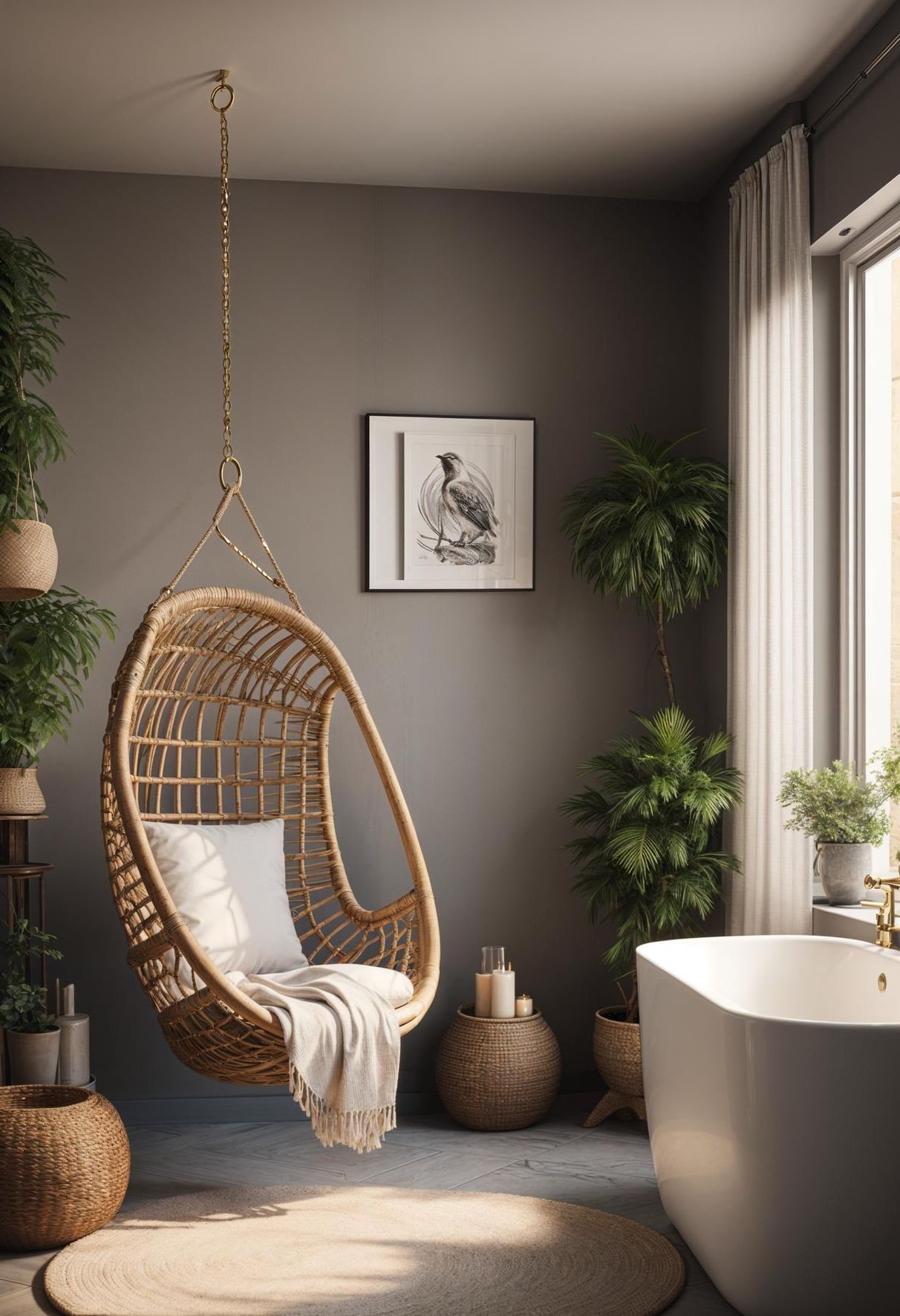 6. Cozy Rattan Swing Corner Ideas