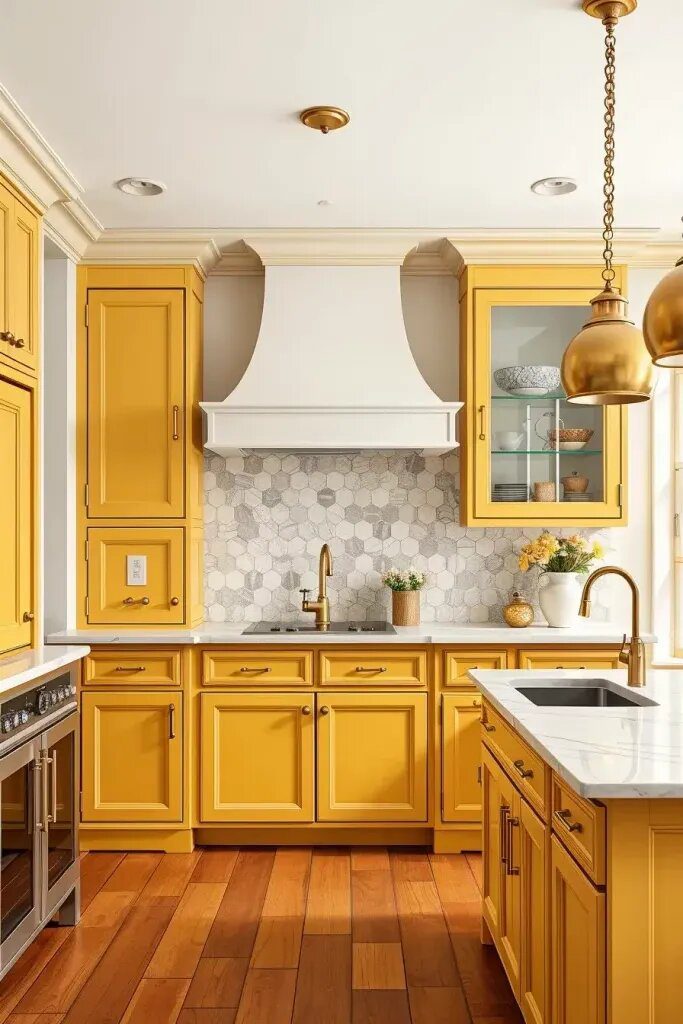 Brass and Gold Fixtures Paired With Yellow Cabinets - photo 2