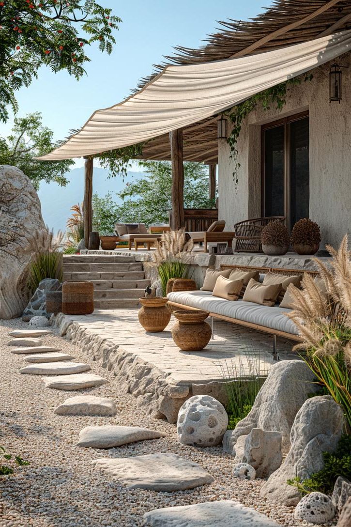 7. Coastal Gravel Patio with Driftwood