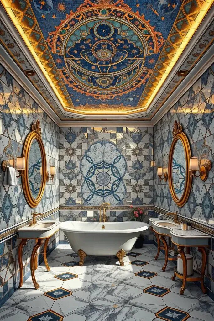 Mosaic Mirrors and Statement Ceiling Decor