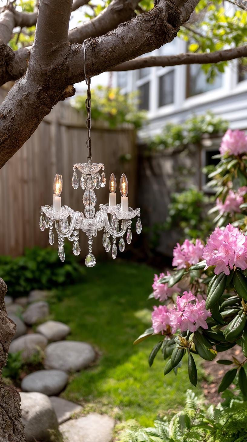 20. Crystal Chandelier Hung From a Garden Tree - photo 2