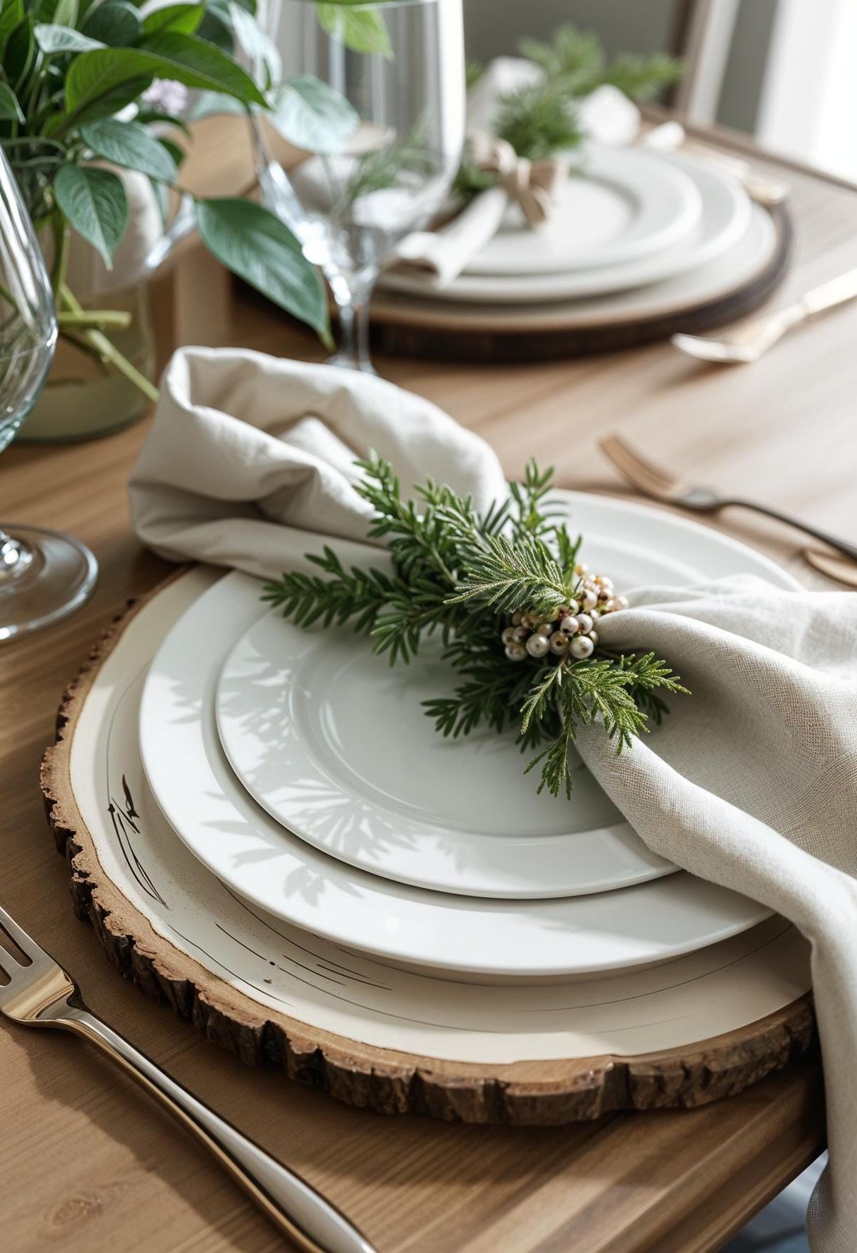 2. Rustic White Chargers With Evergreen Sprigs and Napkins - photo 2