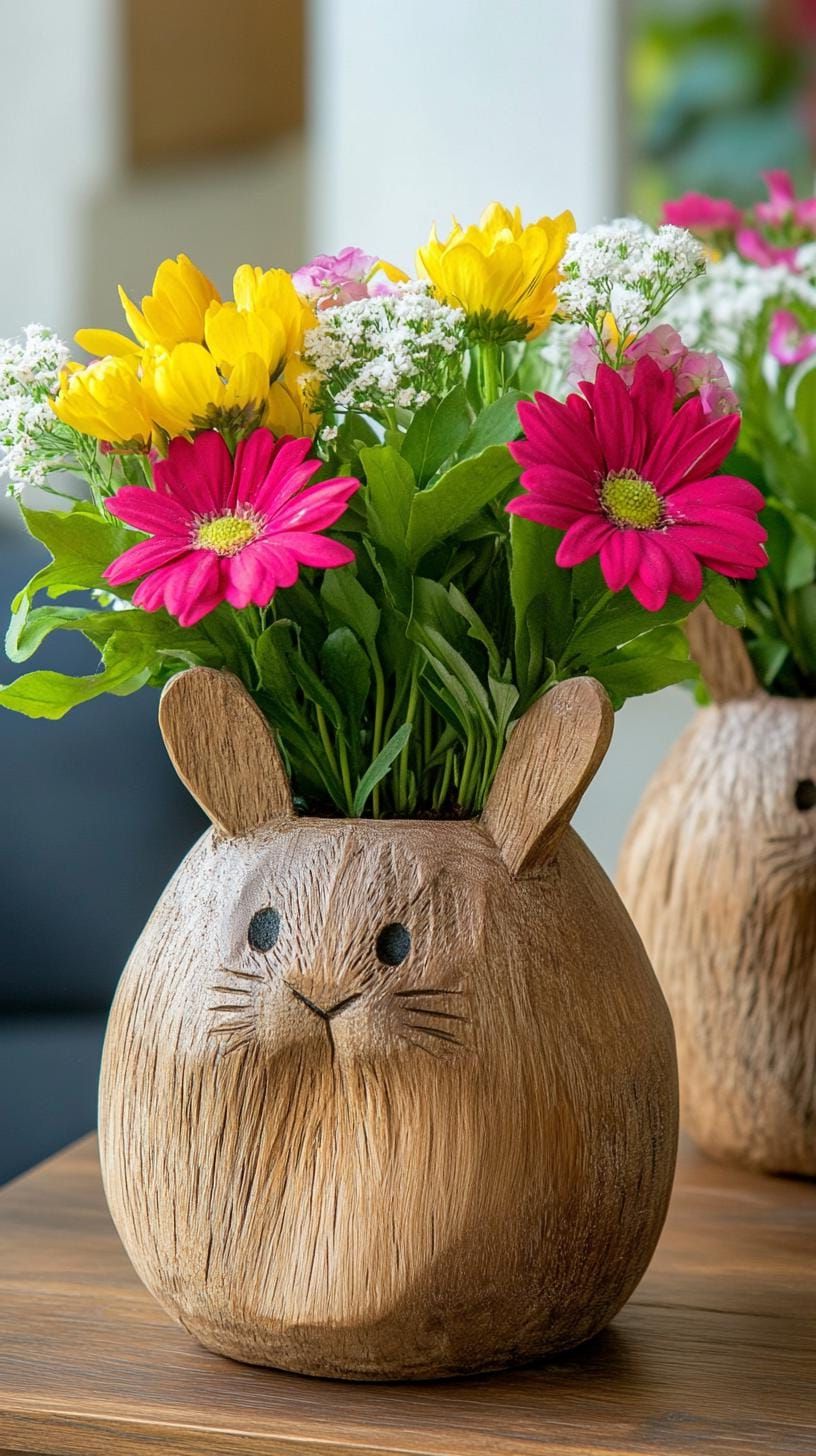 7. Rustic Wooden Bunny Planters With Flowers