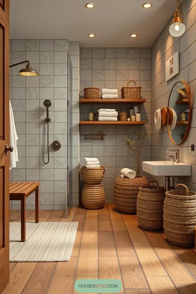 Cozy Bathrooms With Warm Oak Wood Tile