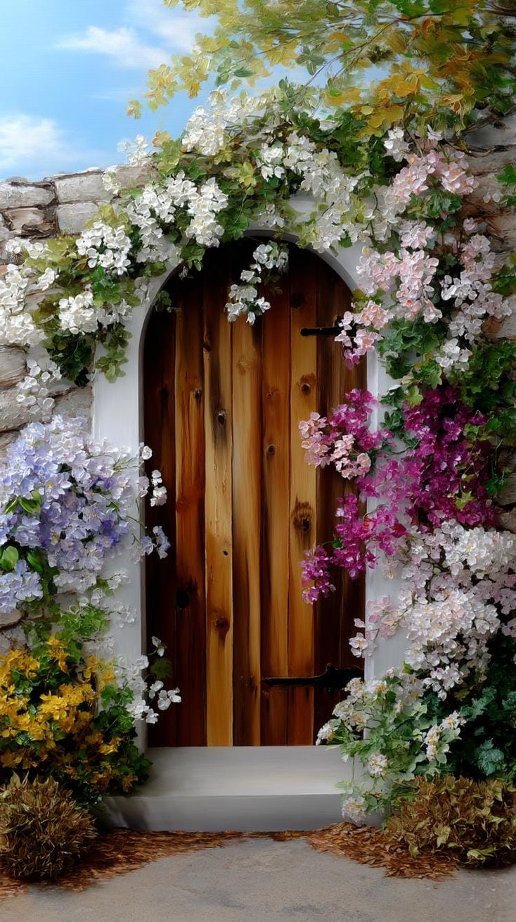 8. Blossom-covered cottage door tucked in greenery