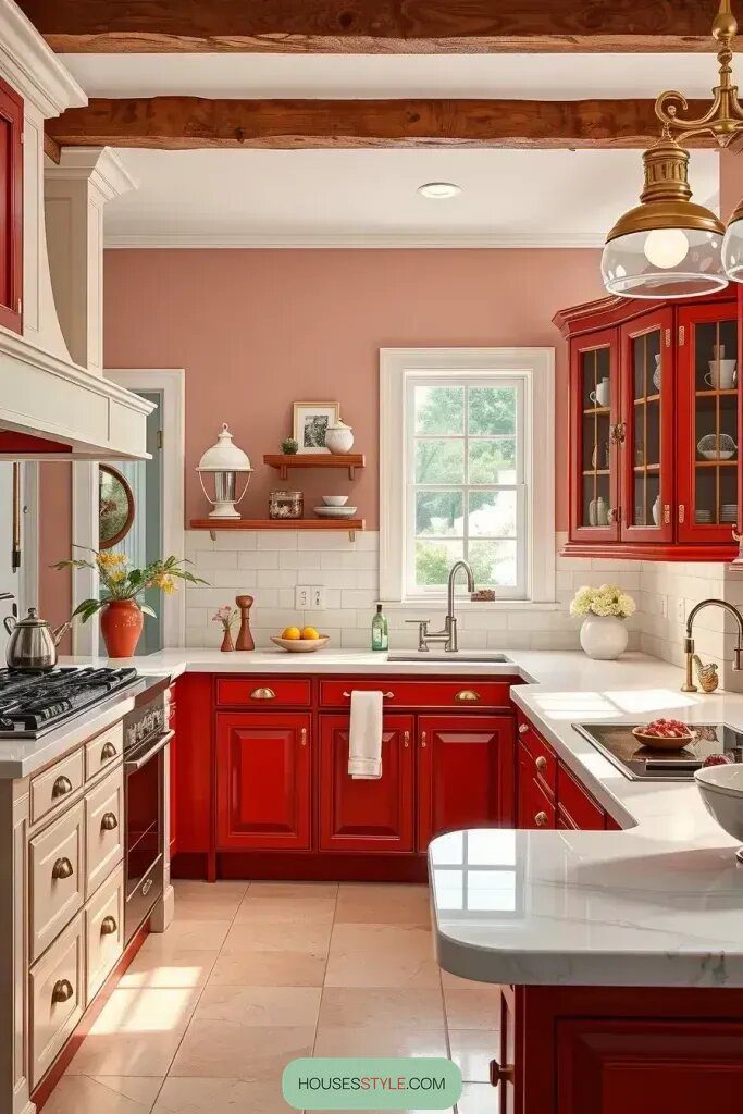 Red Cabinets Paired with White Countertops