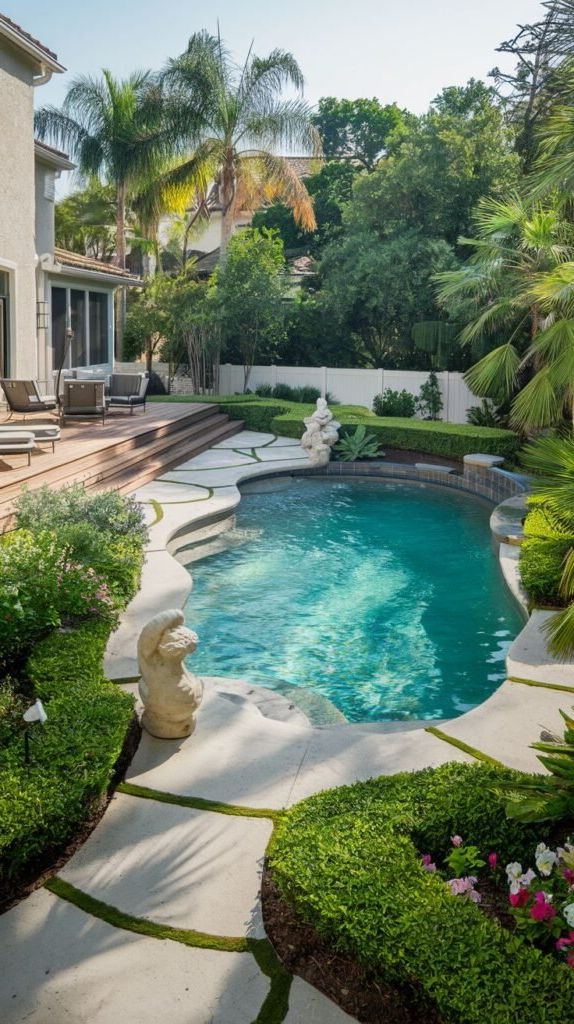 10. Freeform Pool With Stone Edging and Statues