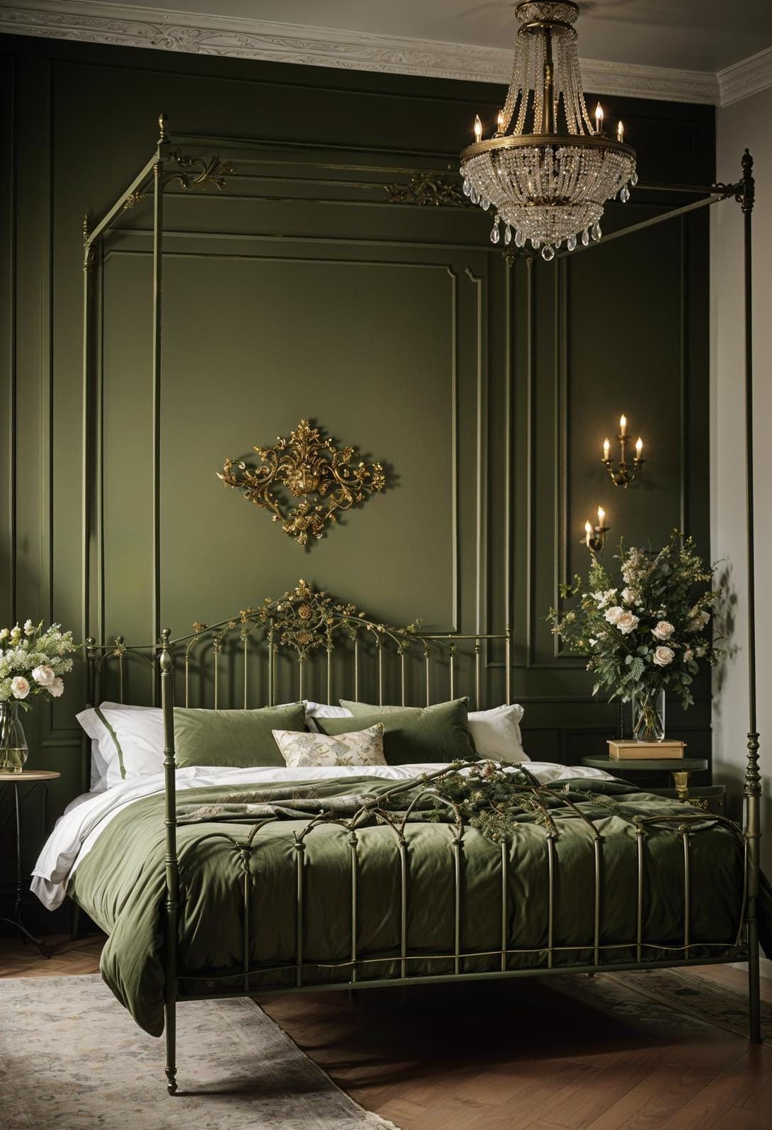 21. French Vintage Olive Green Bedroom with Iron Bedframes - photo 3