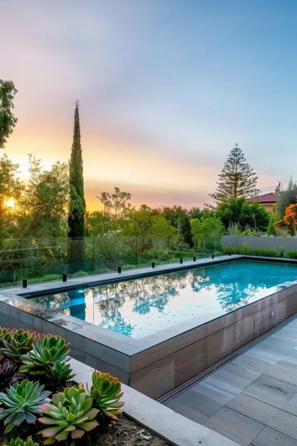 10 - A Semi Inground Pool Framed by Garden Landscaping