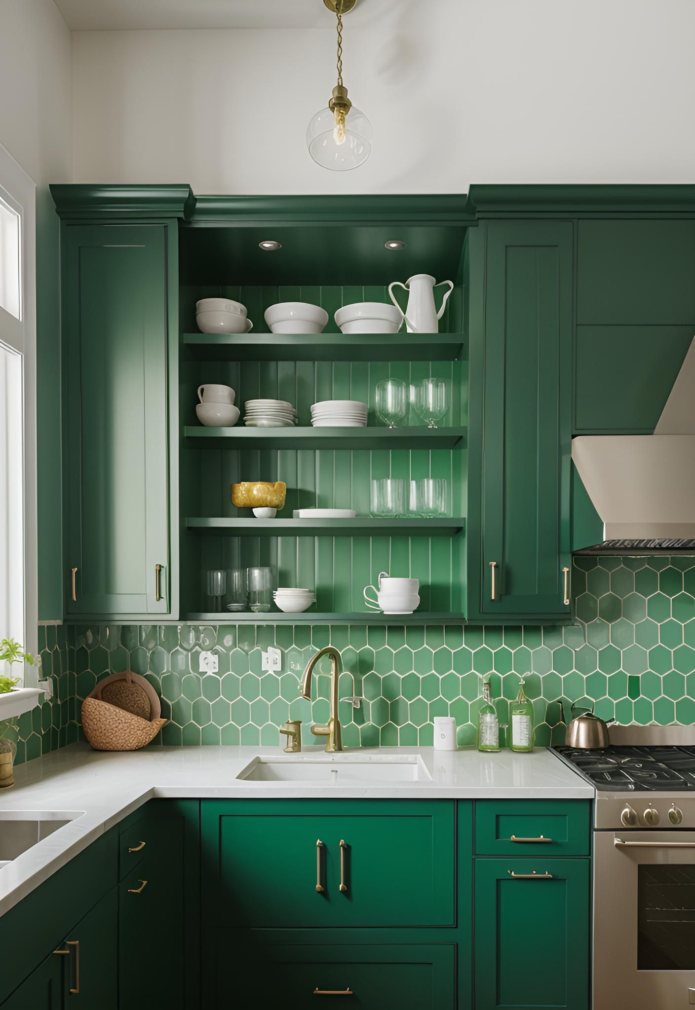 23. Green Cabinets with Hexagon Tile Backsplash