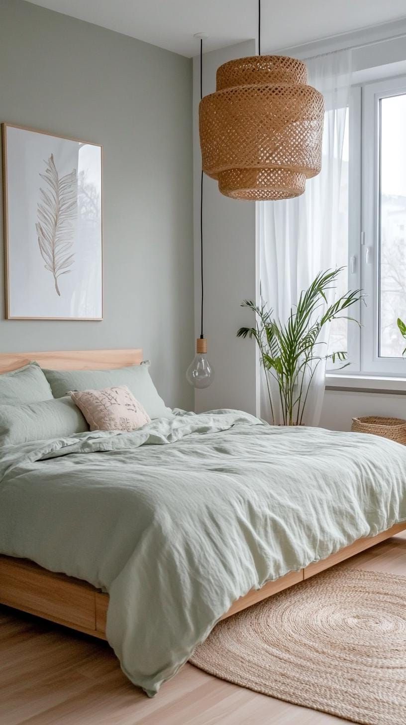 9. Scandinavian Bedroom with Sage Green Linens and Oak Floors - photo 2