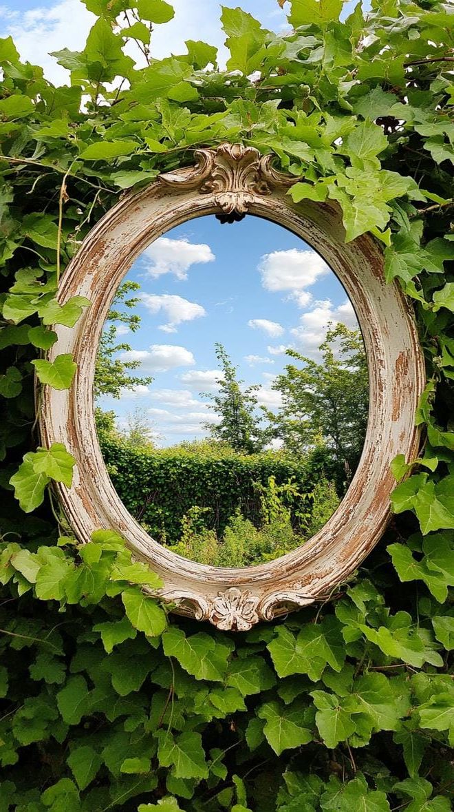15. Ivy-framed mirror as a garden focal point