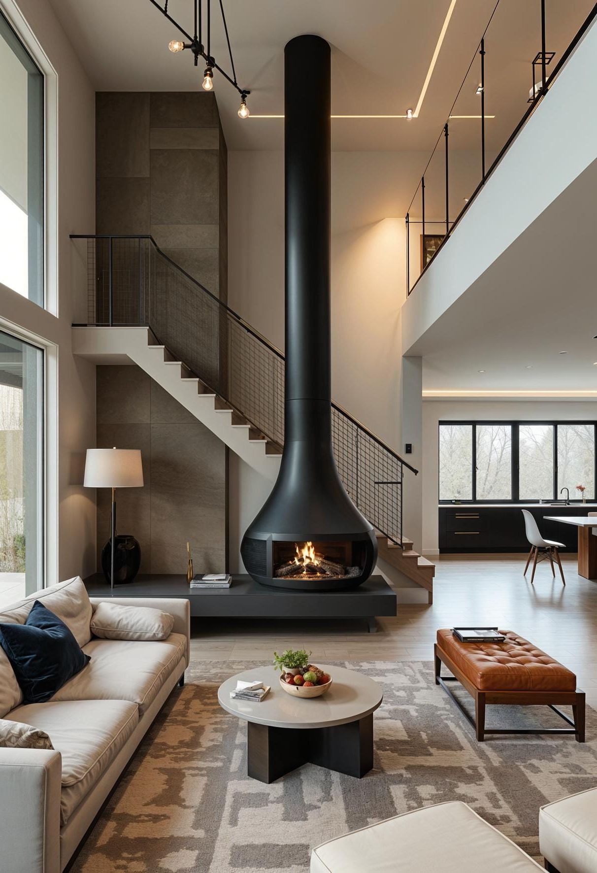 18. Suspended black metal fireplace in open-concept living - photo 2
