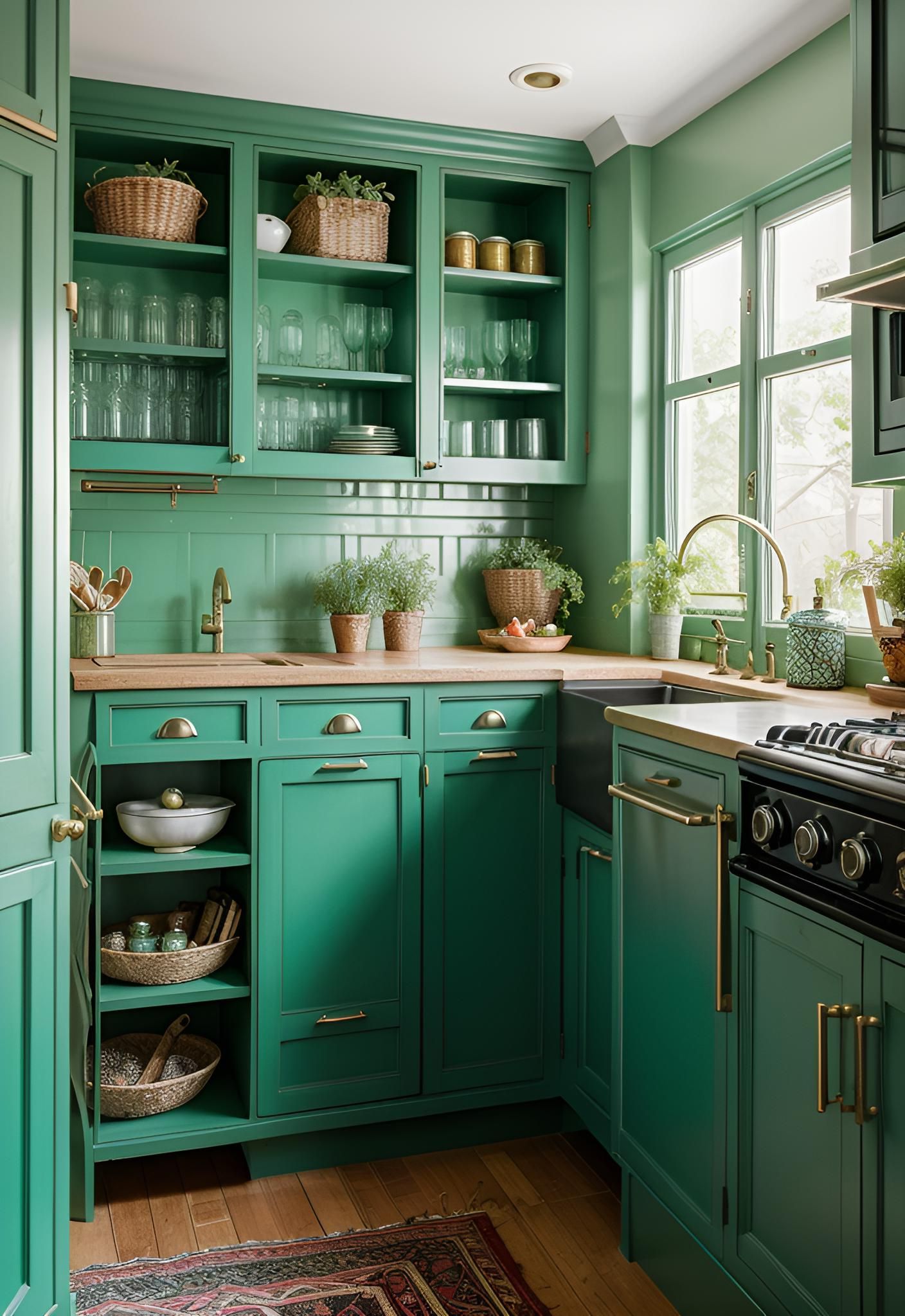 24. Turquoise Green Cabinets with Leather Pulls