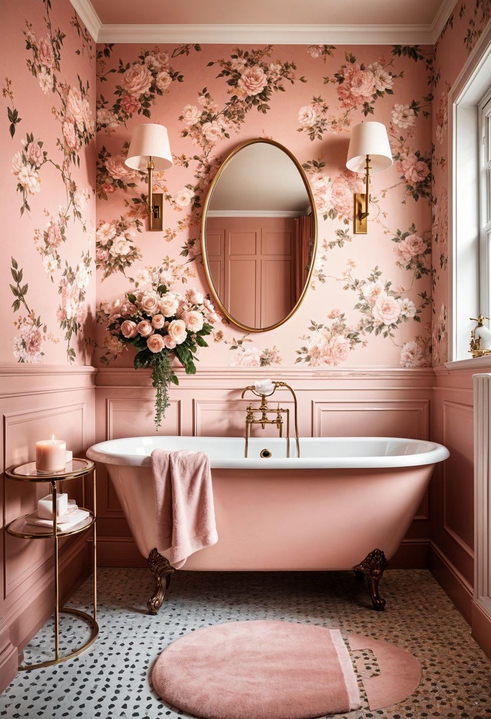 10. Floral Decor in a Blush Pink Bathroom